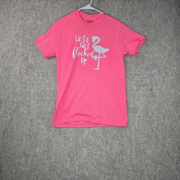 Gildan Small Pink T-Shirt "Lets Get Flocked Up" Cotton/Polyester Blend - Picture 1 of 6